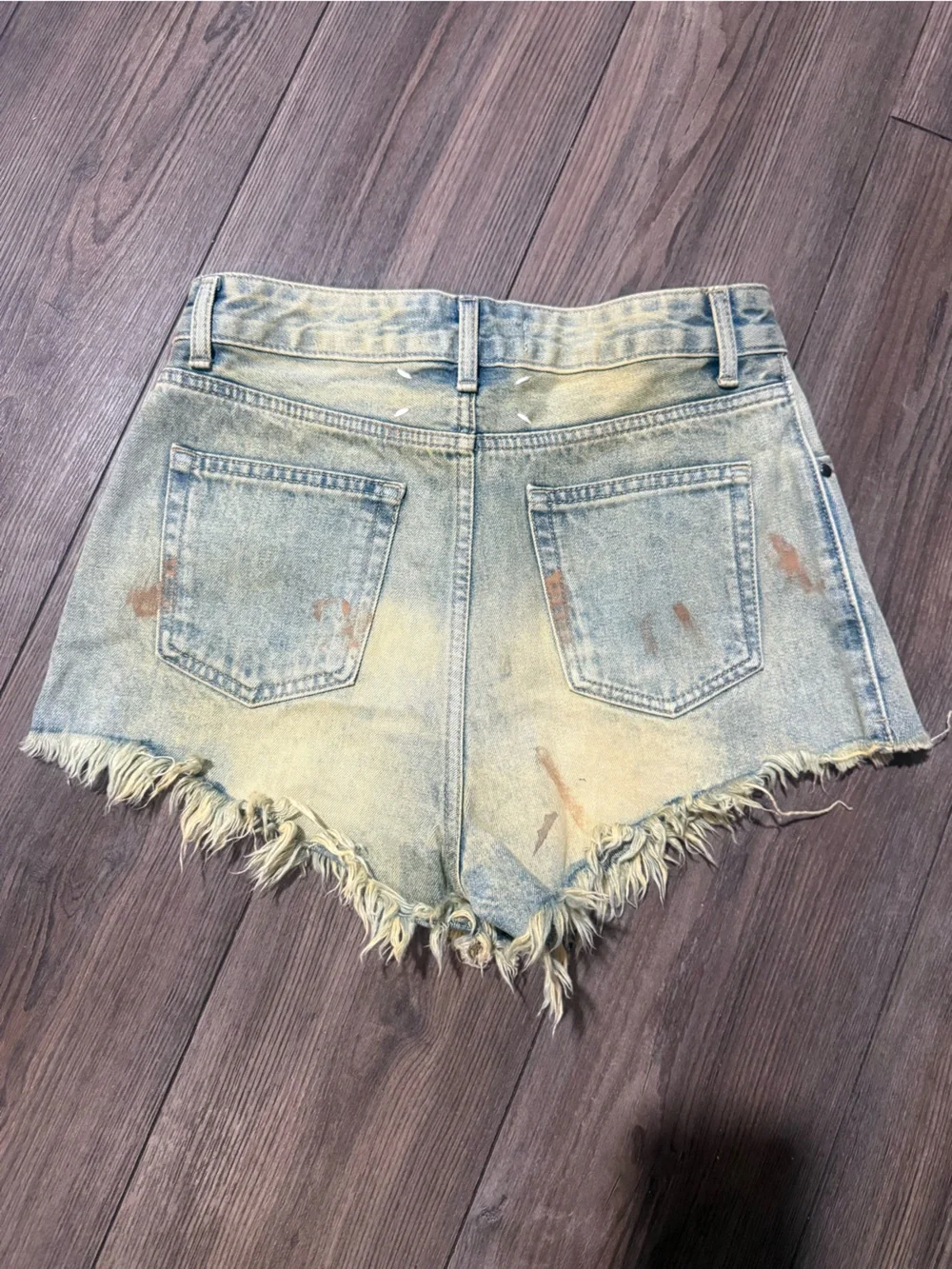 XZZ ERRORLESS Distressed Paint Splatter Denim Shorts L High Rise Frayed Y2K